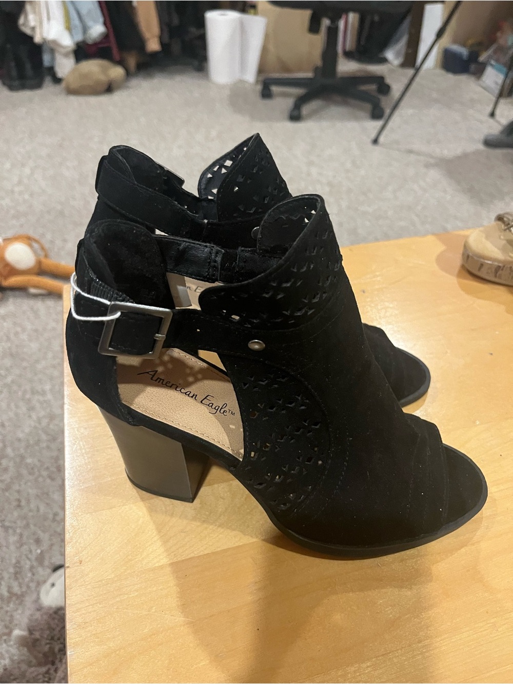 American Eagle Outfitters Black Laser-Cut Peep-Toe Block Heel Booties